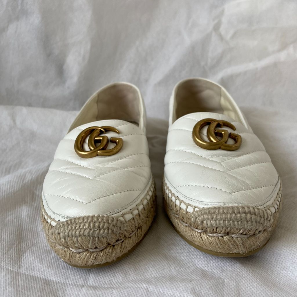 Gucci White Leather GG Marmont Espadrille Flats, 37.5 - BOPF | Business of Preloved Fashion