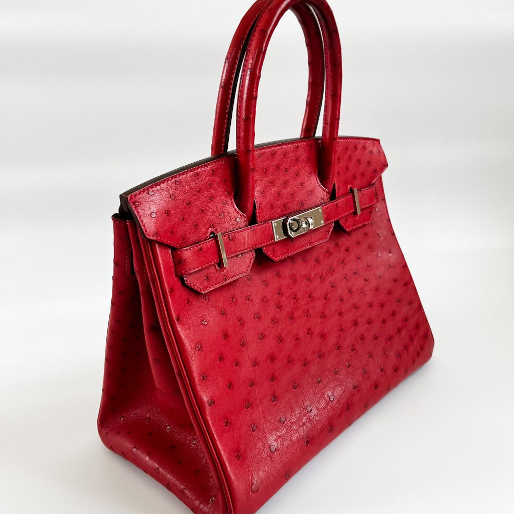 Hermes Rouge Red Ostrich Leather Palladium Hardware Birkin 30 Bag
