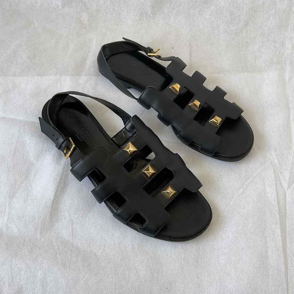 Hermes Black Leather Sandal with Rockstud, 38 - BOPF | Business of Preloved Fashion
