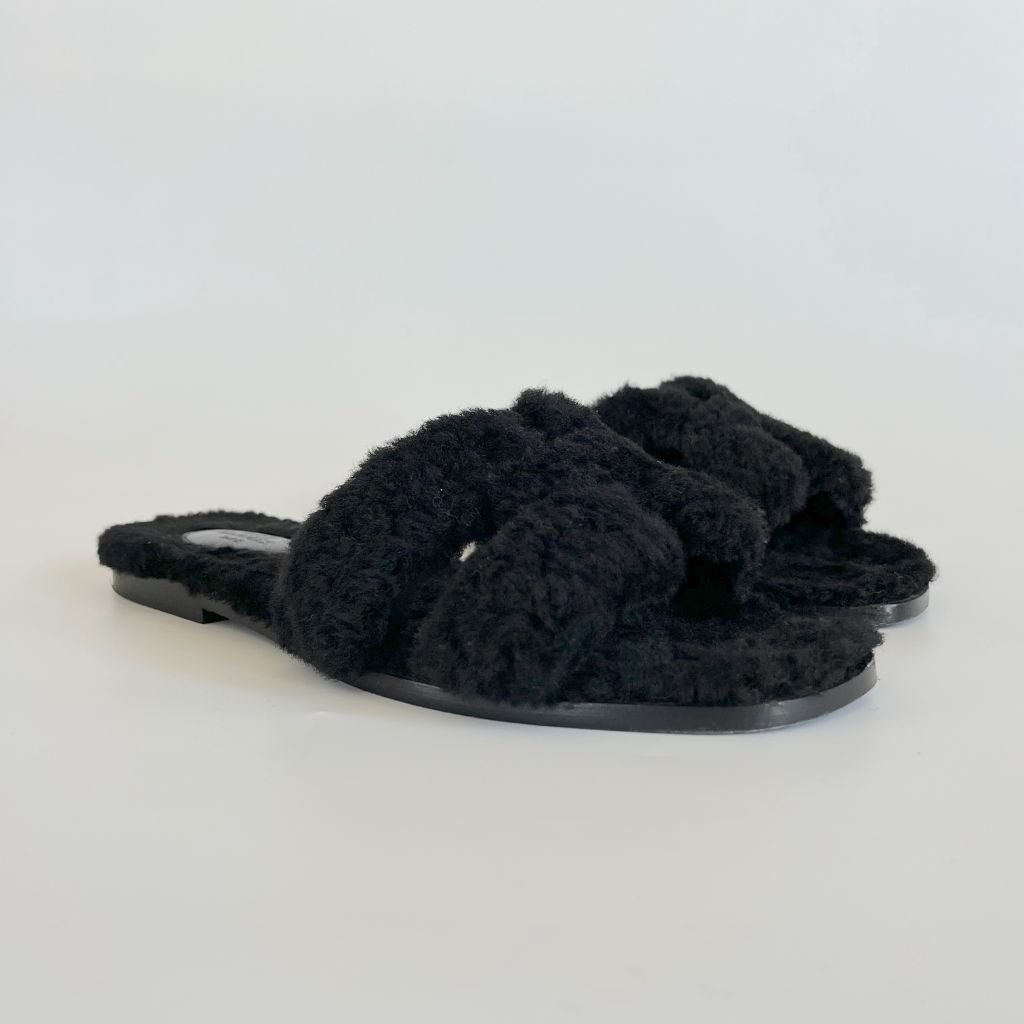 Hermes black shearling oran sandals - BOPF | Business of Preloved Fashion