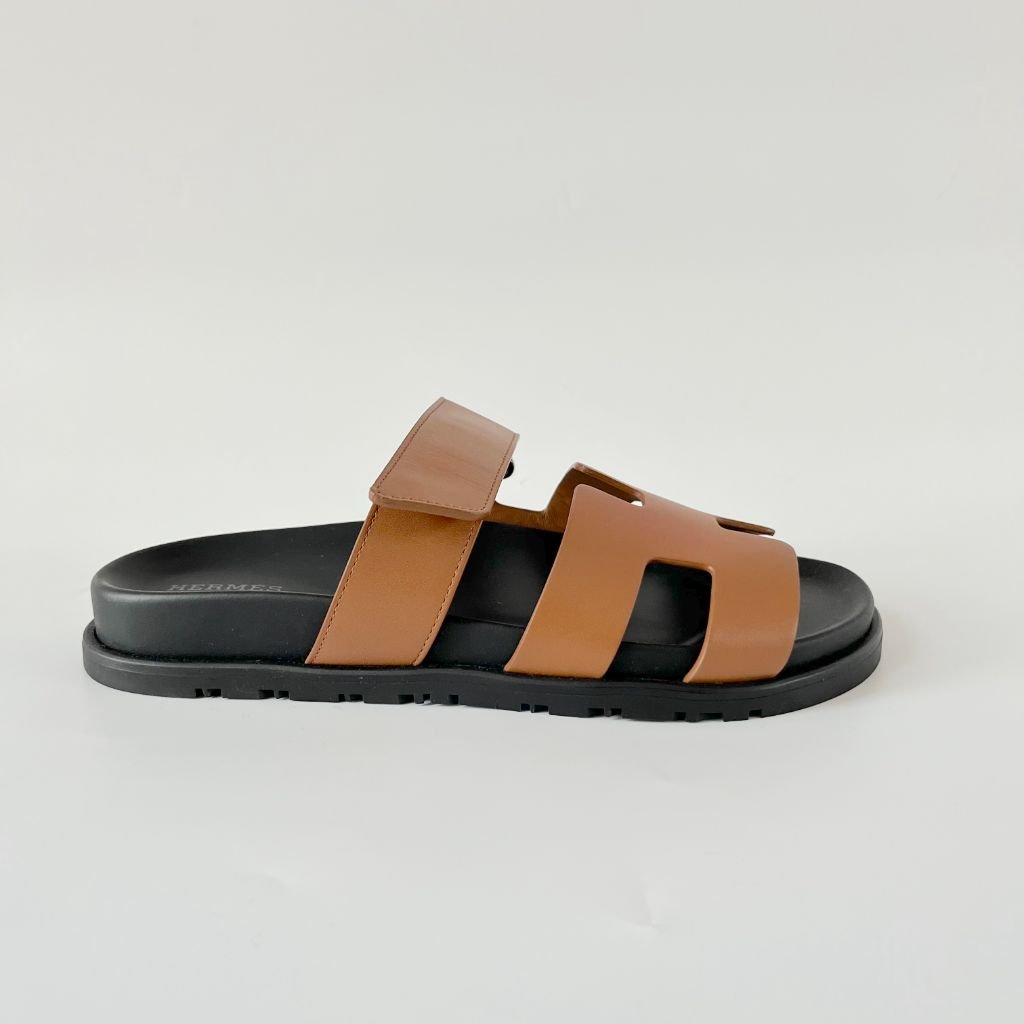 Hermès Chypre black and caramel leather sandals, 37 - BOPF