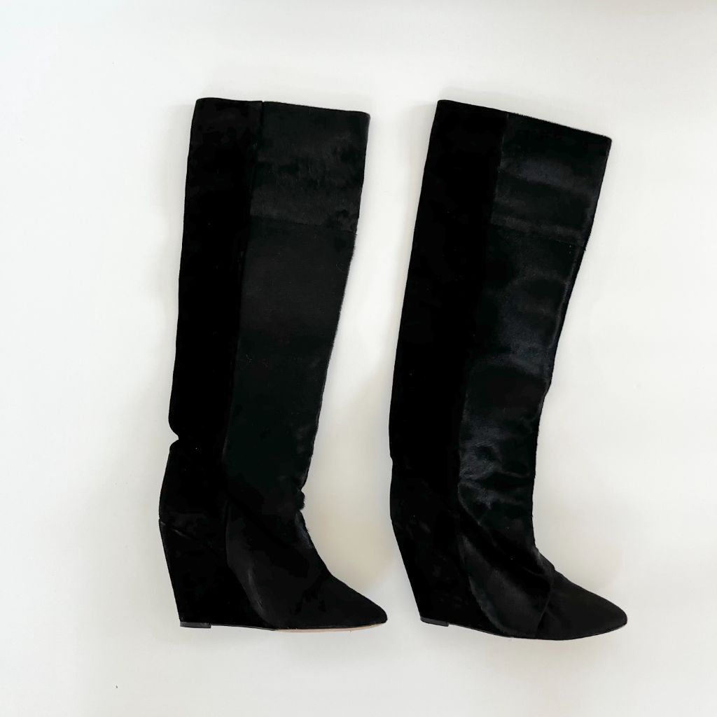 Isabel Marant knee high black calfskin and pony hair wedge boots - BOPF | Business of Preloved Fashion