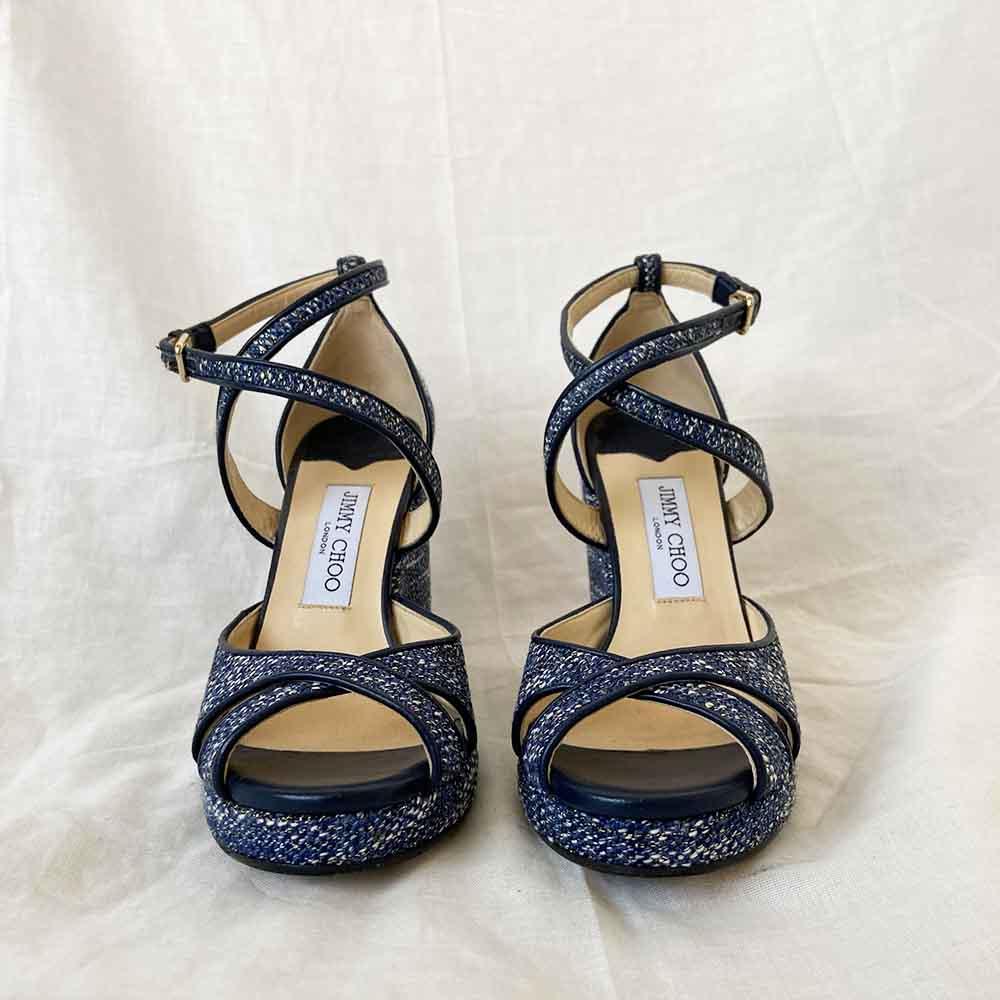 Jimmy Choo blue fabric criss cross wedge sandals, 38 - BOPF | Business of Preloved Fashion