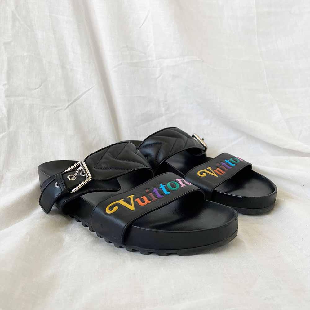 Louis Vuitton Black Leather New Wave Bom Dia Flat Sandals, 40 - BOPF | Business of Preloved Fashion