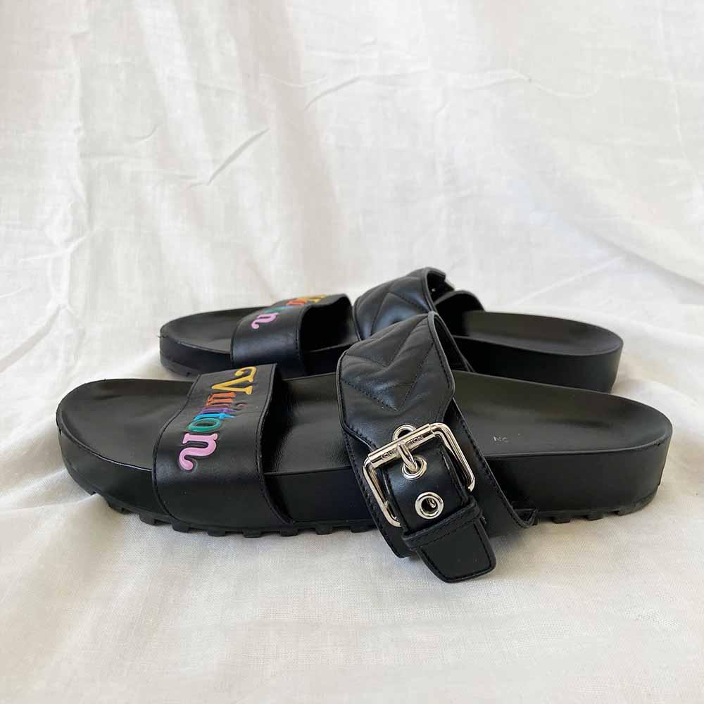 Louis Vuitton Black Leather New Wave Bom Dia Flat Sandals, 40 - BOPF