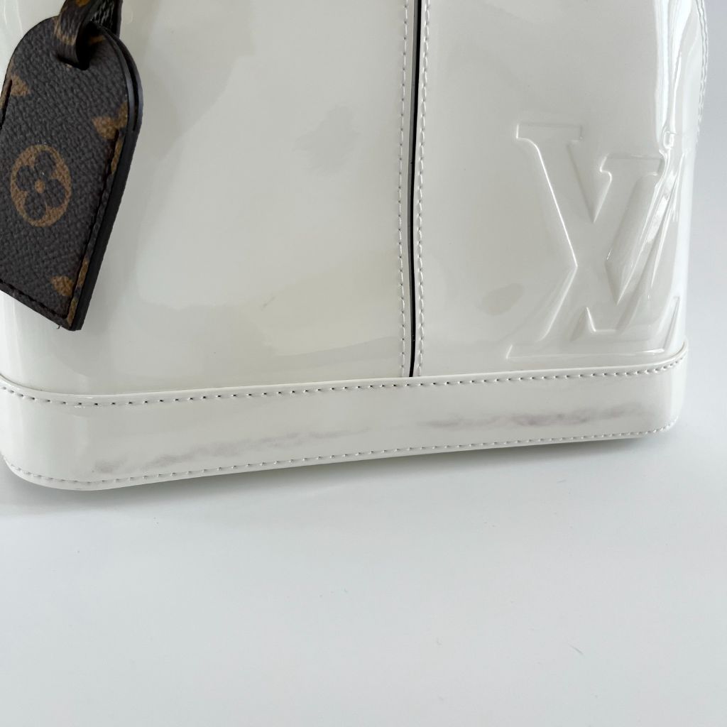 Louis Vuitton Alma BB, White Patent with Monogram, Preowned in Box WA001