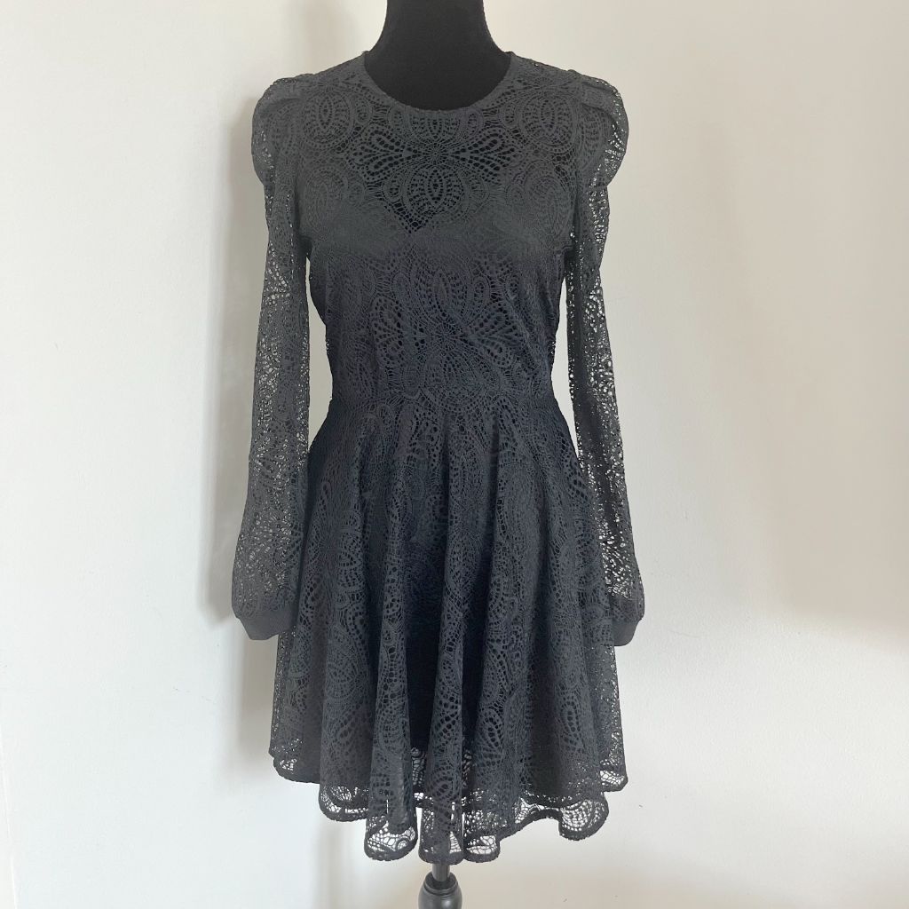 Maje Black Lace Long Sleeve Midi Dress with Black Slip - BOPF | Business of Preloved Fashion Maje Black Lace Long Sleeve Midi Dress with Black Slip - BOPF | Business of Preloved Fashion