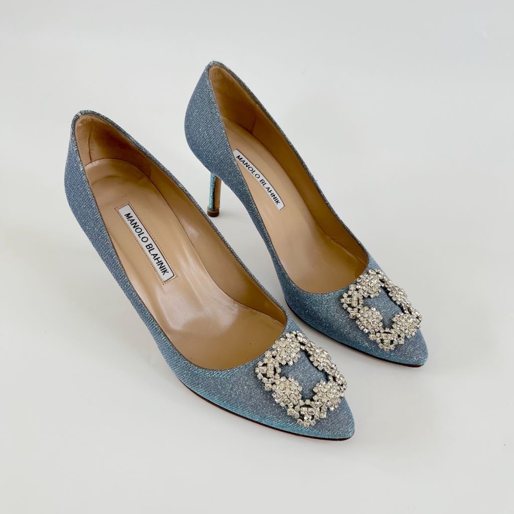 Manolo Blahnik Gliterry Blue Hangisi Pumps, 38.5 - BOPF | Business