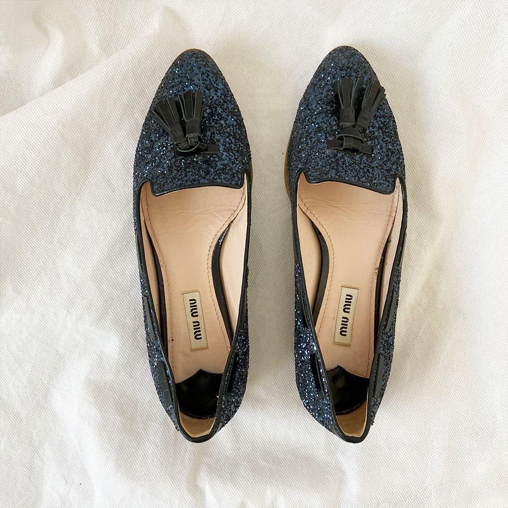 Miu Miu Blue Glitter Smoking Loafer, 37.5 - BOPF | Business of Preloved Fashion