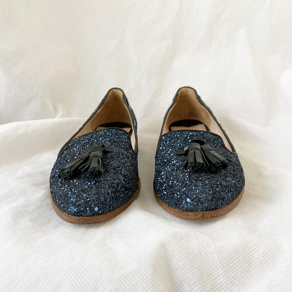 Miu Miu Blue Glitter Smoking Loafer, 37.5 - BOPF | Business of Preloved Fashion