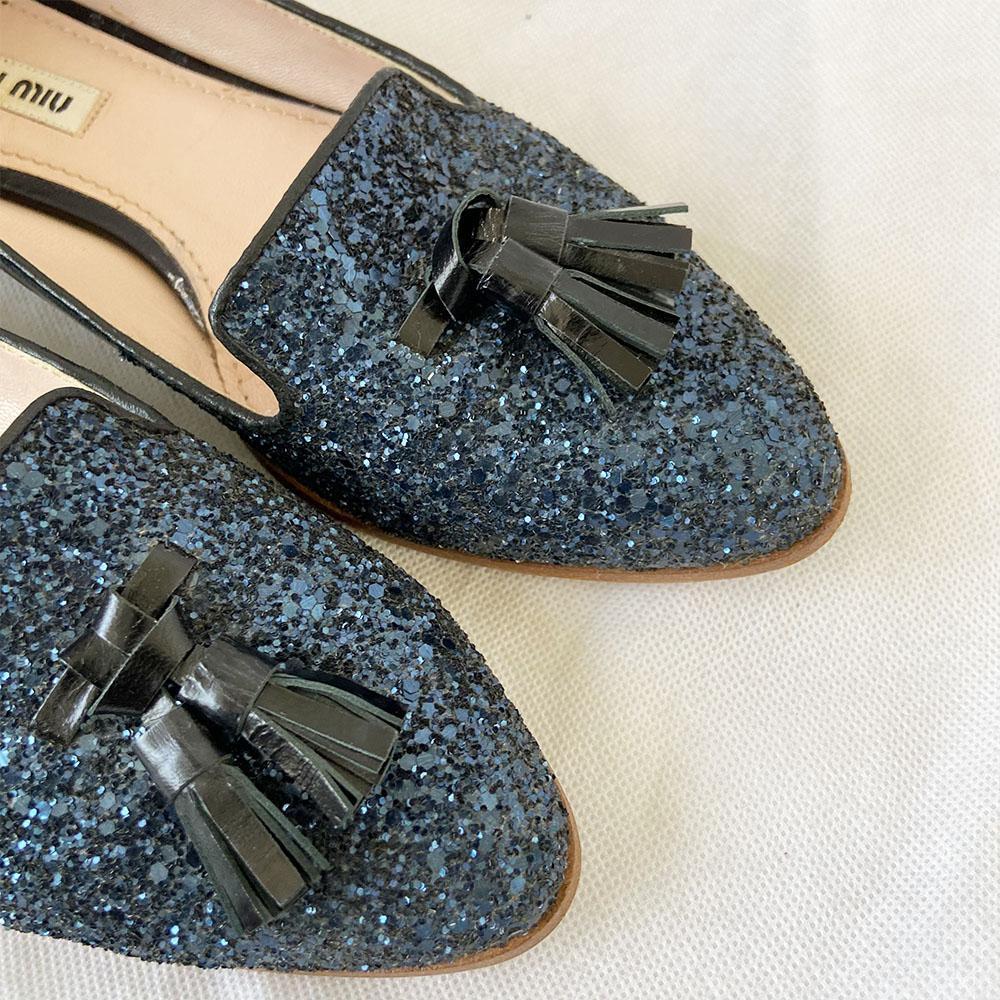 Miu Miu Blue Glitter Smoking Loafer, 37.5 - BOPF | Business of Preloved Fashion