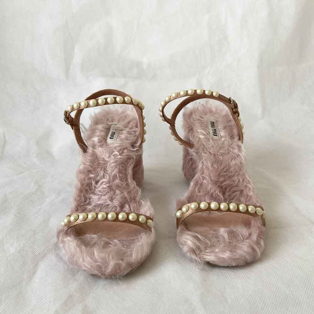 Miu Miu Furry Pearlescent Pink Sandal, 37 - BOPF | Business of Preloved Fashion