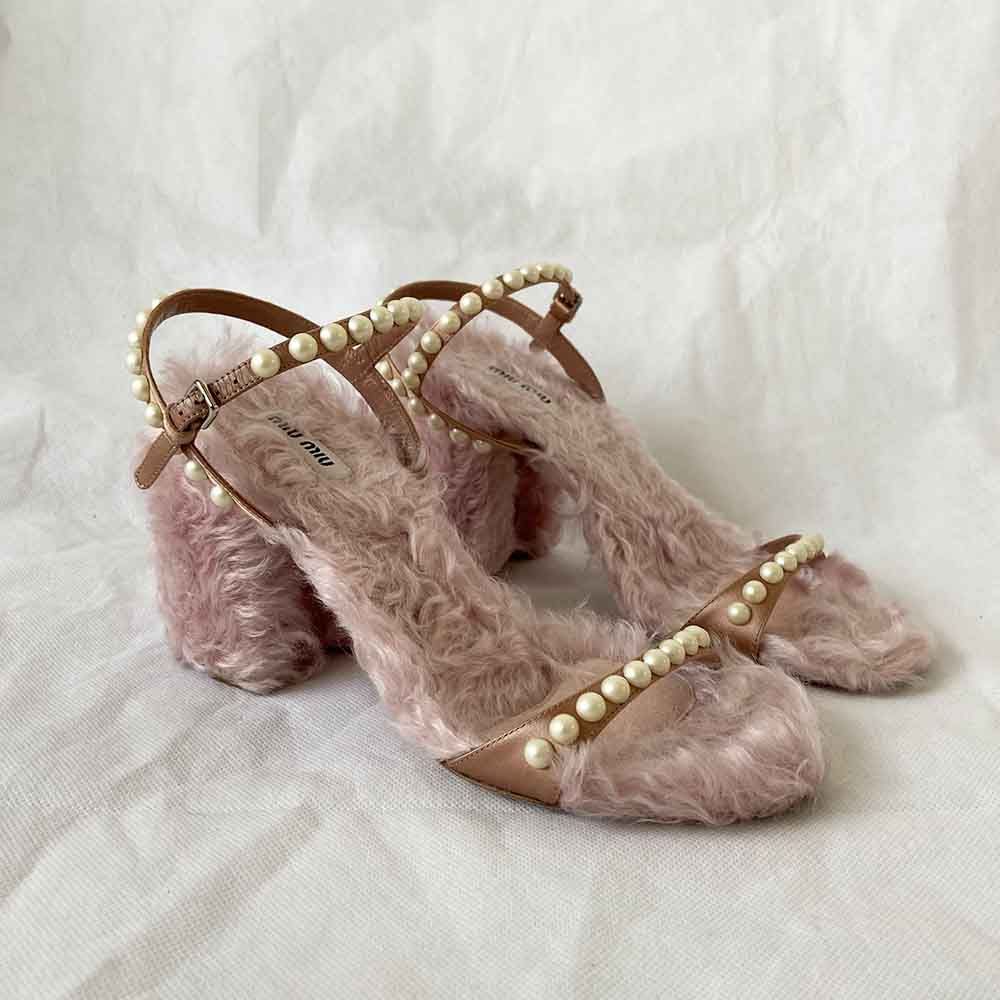 Miu Miu Furry Pearlescent Pink Sandal, 37 - BOPF | Business of Preloved Fashion