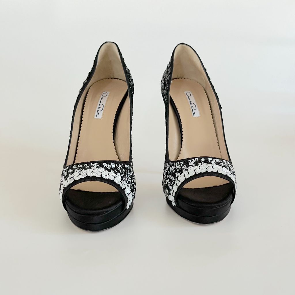 Oscar De La Renta black and white sequin peep toe platform pumps, 40.5 - BOPF | Business of Preloved Fashion