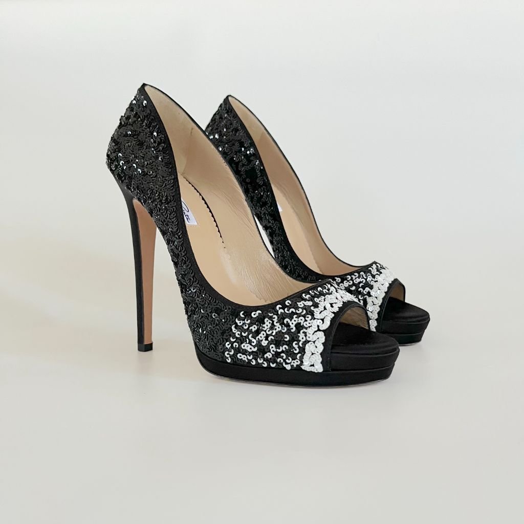 Oscar De La Renta black and white sequin peep toe platform pumps, 40.5 - BOPF | Business of Preloved Fashion