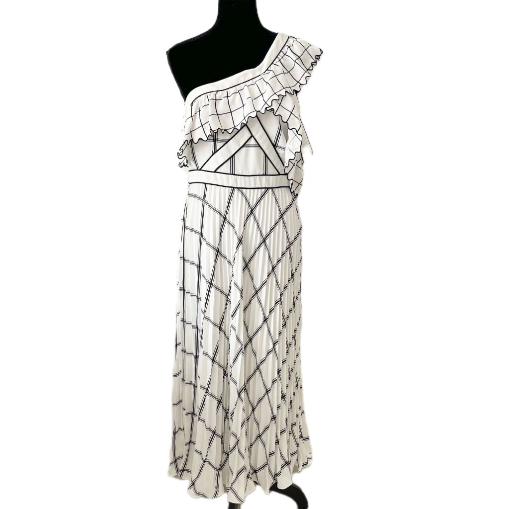 Self-portrait white and black check dress with pleated detail