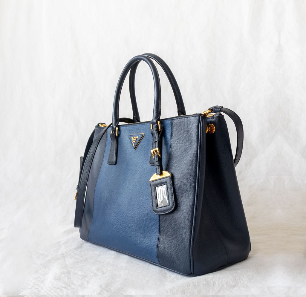 Prada Blue Bicolor Saffiano Lux Leather Medium Galleria Double Zip Tot - BOPF | Business of Preloved Fashion