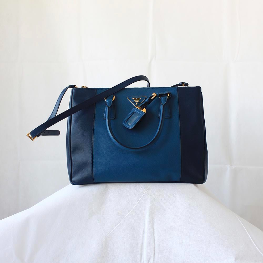 Prada Blue Bicolor Saffiano Lux Leather Medium Galleria Double Zip Tote - BOPF | Business of Preloved Fashion