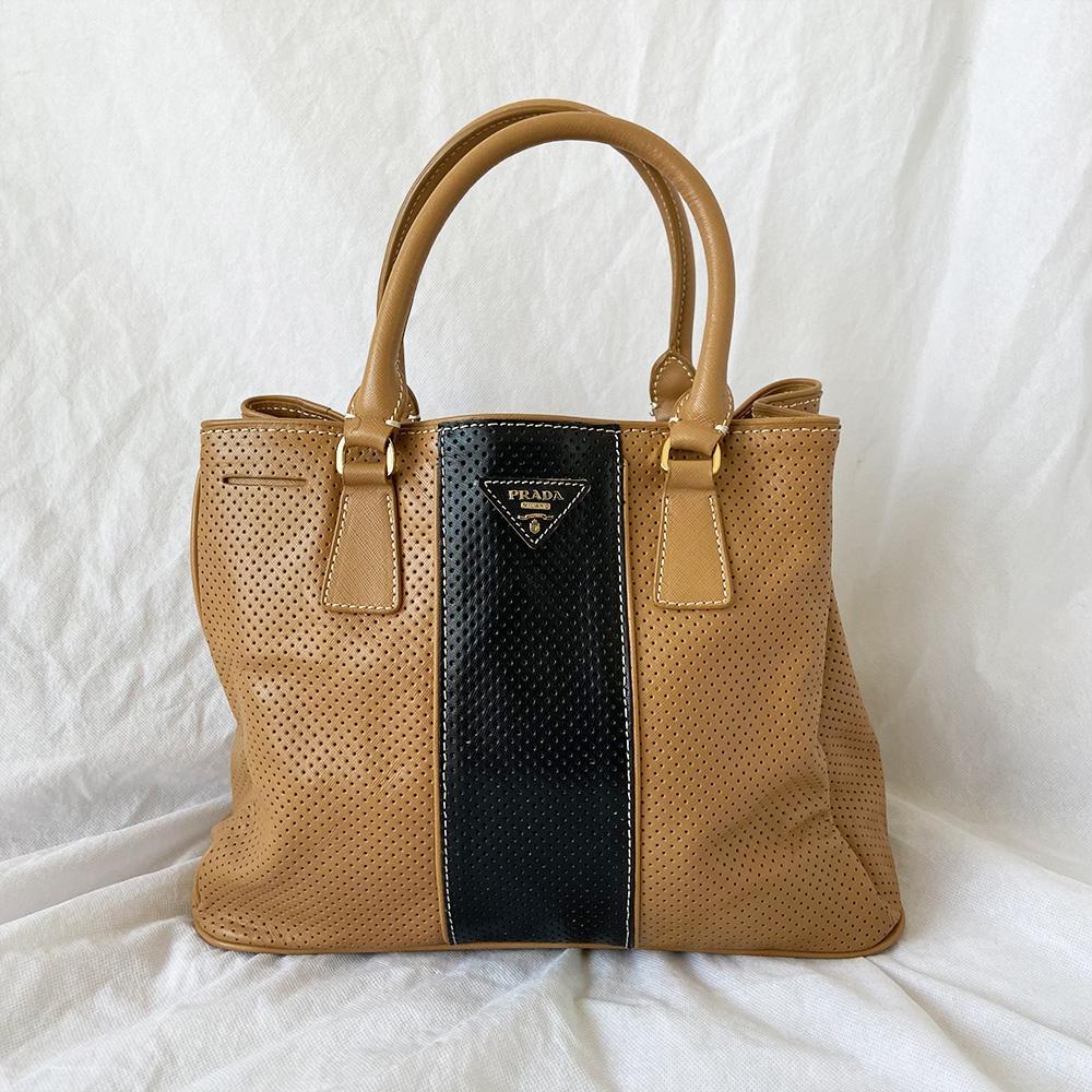 Prada Brown and Black Leather Perforated Saffiano Bag - BOPF | Business of Preloved Fashion