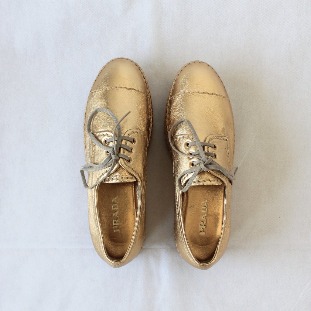 Prada Gold Leather Platform Flat Espadrilles, 38 - BOPF | Business of Preloved Fashion