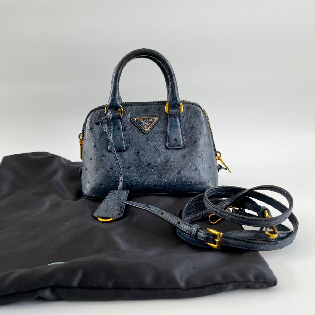 Prada navy blue ostrich leather micro top handle bag - BOPF | Business of Preloved Fashion