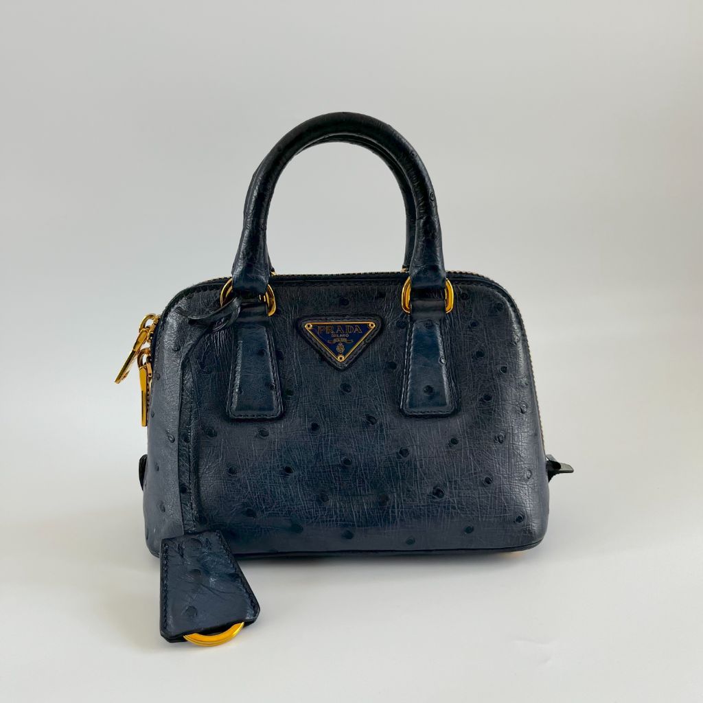 Prada navy blue ostrich leather micro top handle bag - BOPF | Business of Preloved Fashion