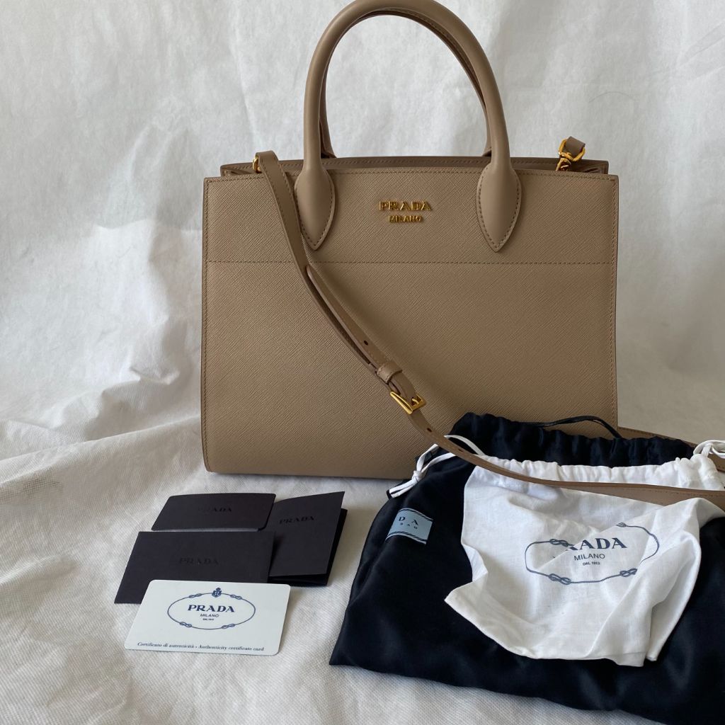 Prada Saffiano City Calf Bibliotheque Bag Nude Begonia BOPF Business of Preloved Fashion