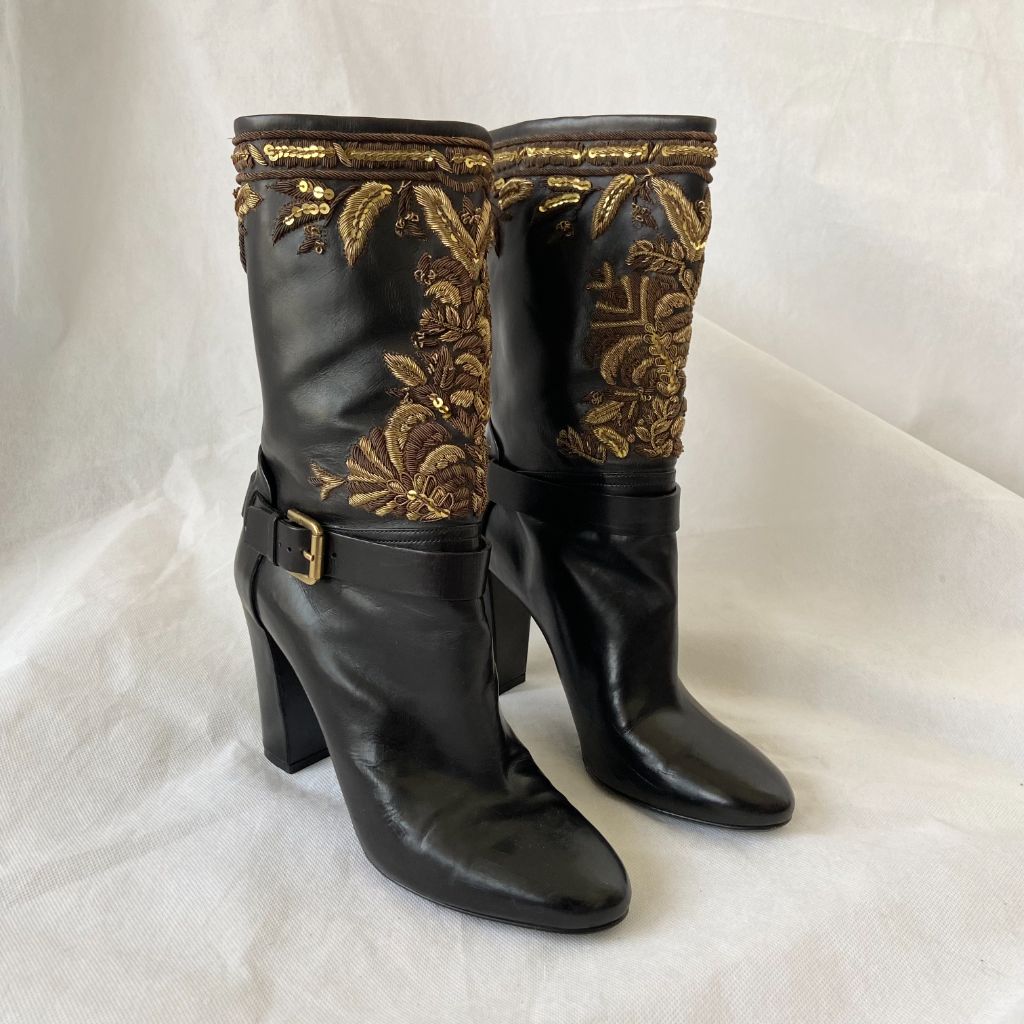 Ralph Lauren Black Leather Gold Embroidered Boots, 37 - BOPF | Business of Preloved Fashion