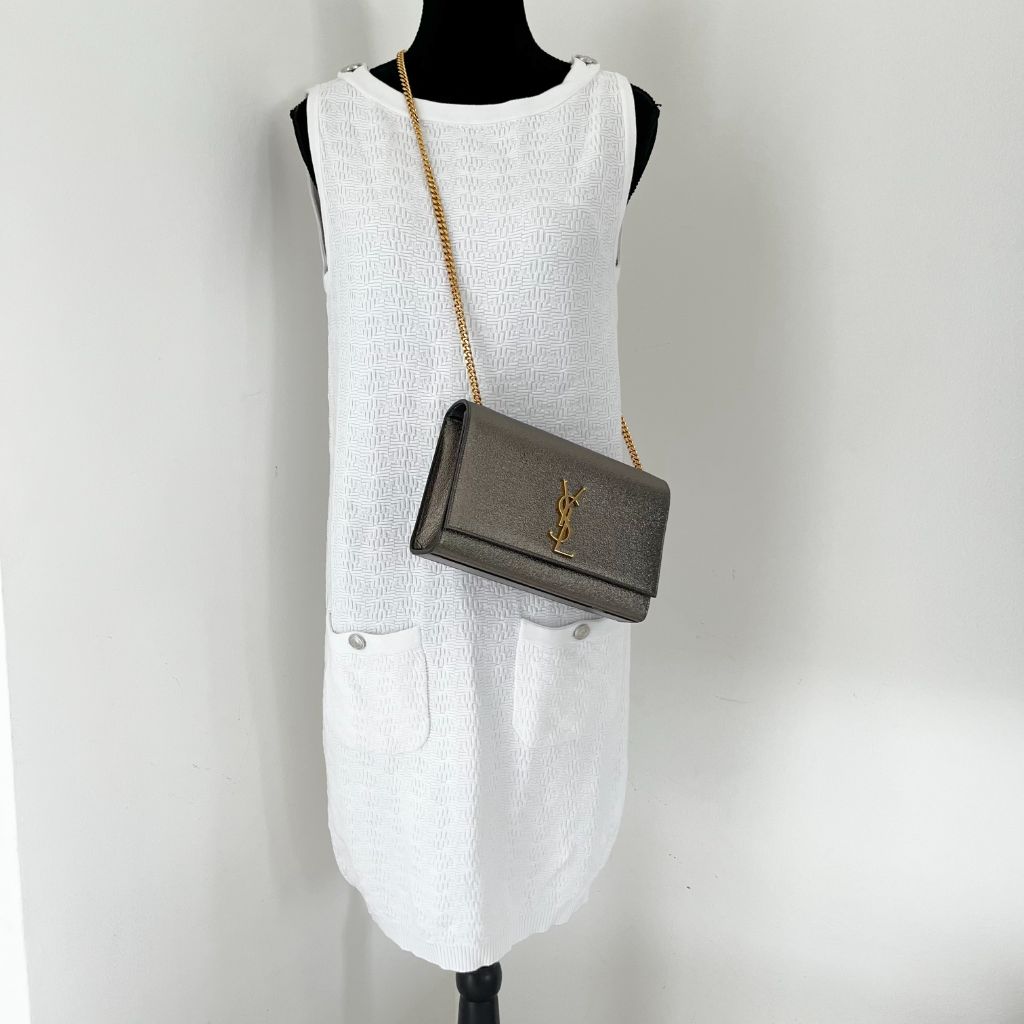 Saint Laurent Silver Textured Leather Small Kate Tassel Crossbody Bag