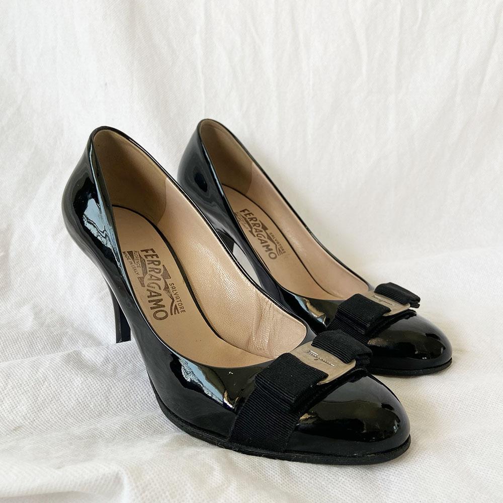 Salvatore Ferragamo Black Patent Leather Carla Vara Bow Pumps, 8.5 - BOPF | Business of Preloved Fashion