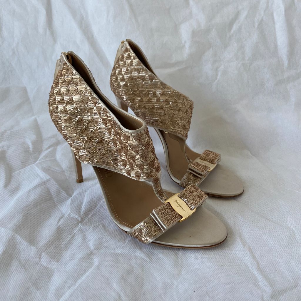 Salvatore Ferragamo Gold Sequin High-Heel Shoes, US10.5 - BOPF | Business of Preloved Fashion