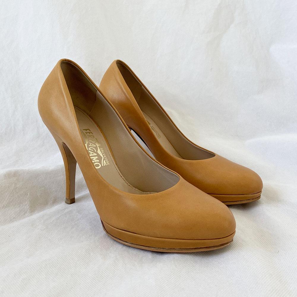 Salvatore Ferragamo Tan Round Toe Leather Pumps - BOPF | Business of Preloved Fashion