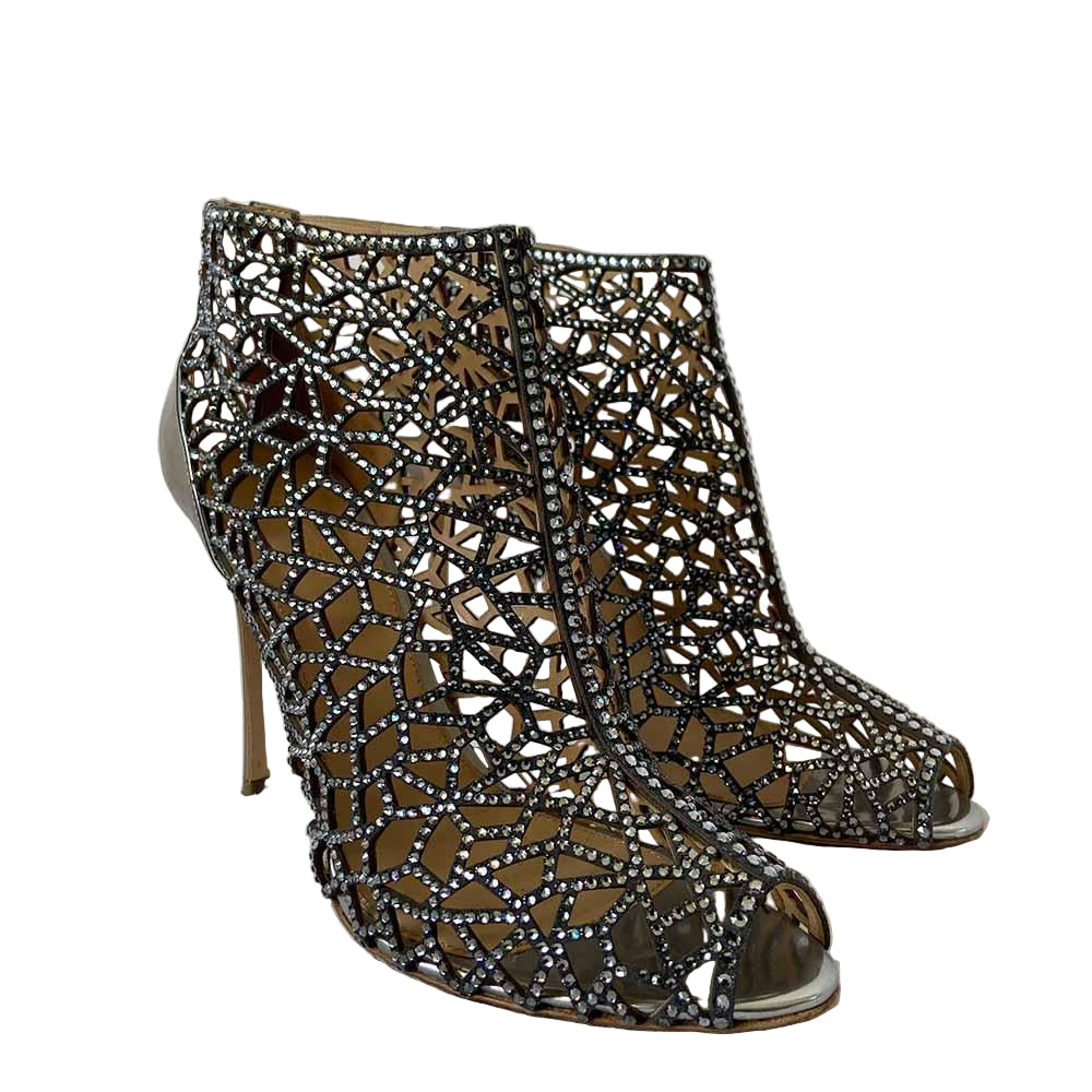 Sergio Rossi Crystal Scalloped Suede Peep Toe Caged Booties , 40.5 - BOPF | Business of Preloved Fashion