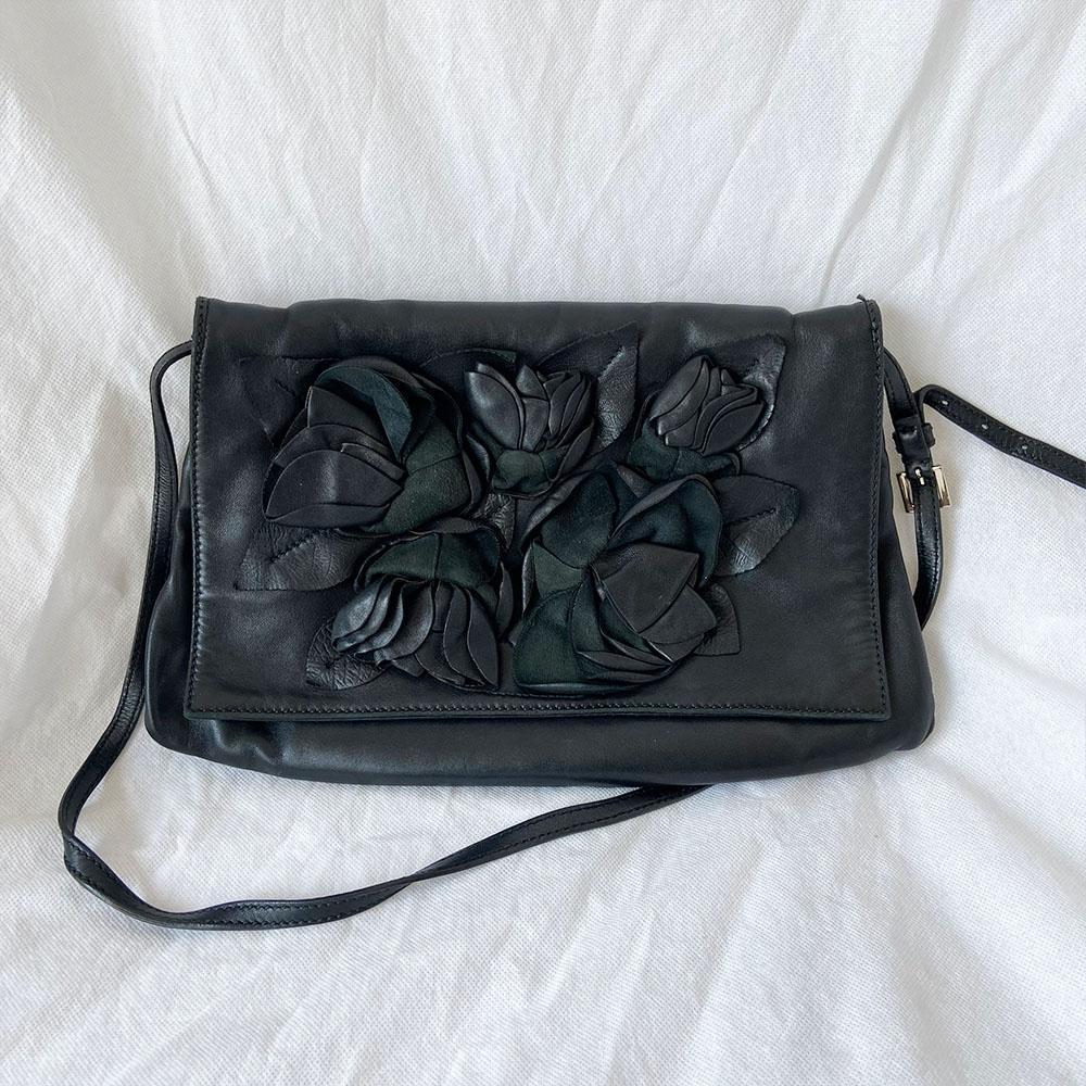 Valentino Black Leather Floral Applique Flap Bag - BOPF