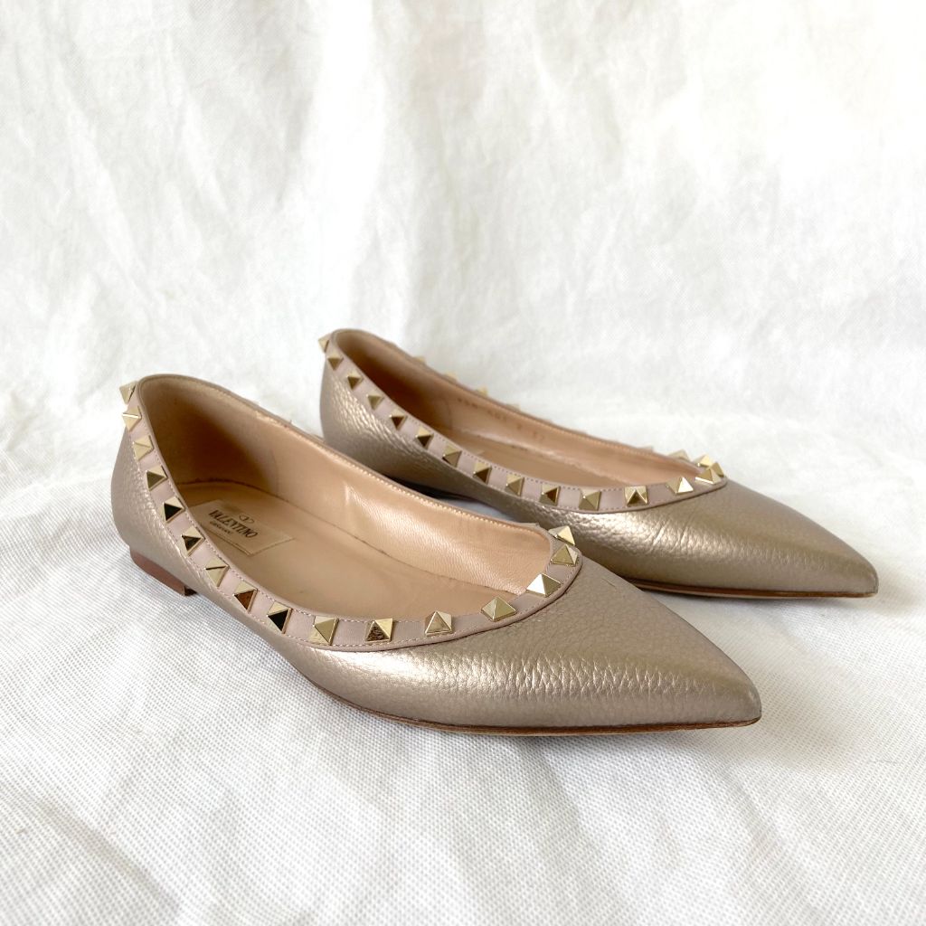 Valentino Gold Textured Leather Pointed Toe Rock-stud Flats, 37 - BOPF | Business of Preloved Fashion