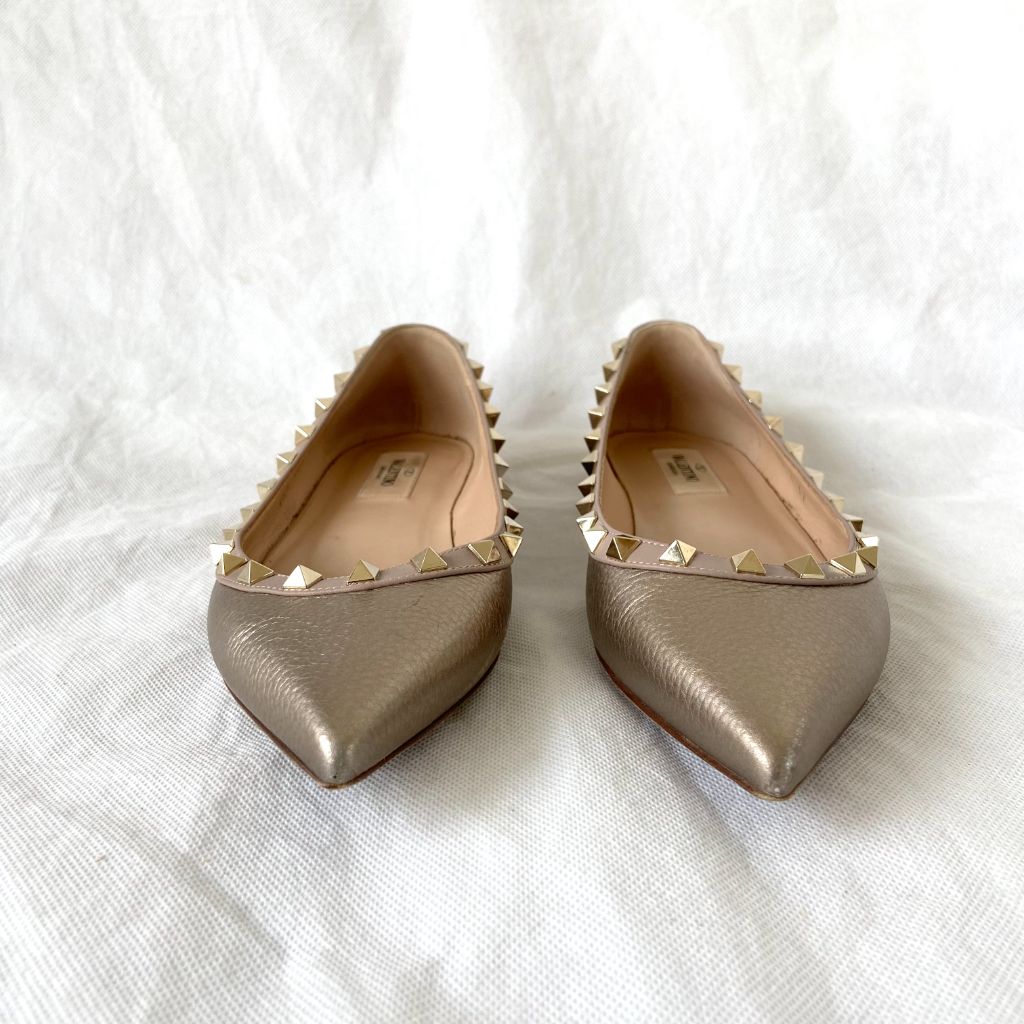 Valentino Gold Textured Leather Pointed Toe Rock-stud Flats, 37 - BOPF | Business of Preloved Fashion