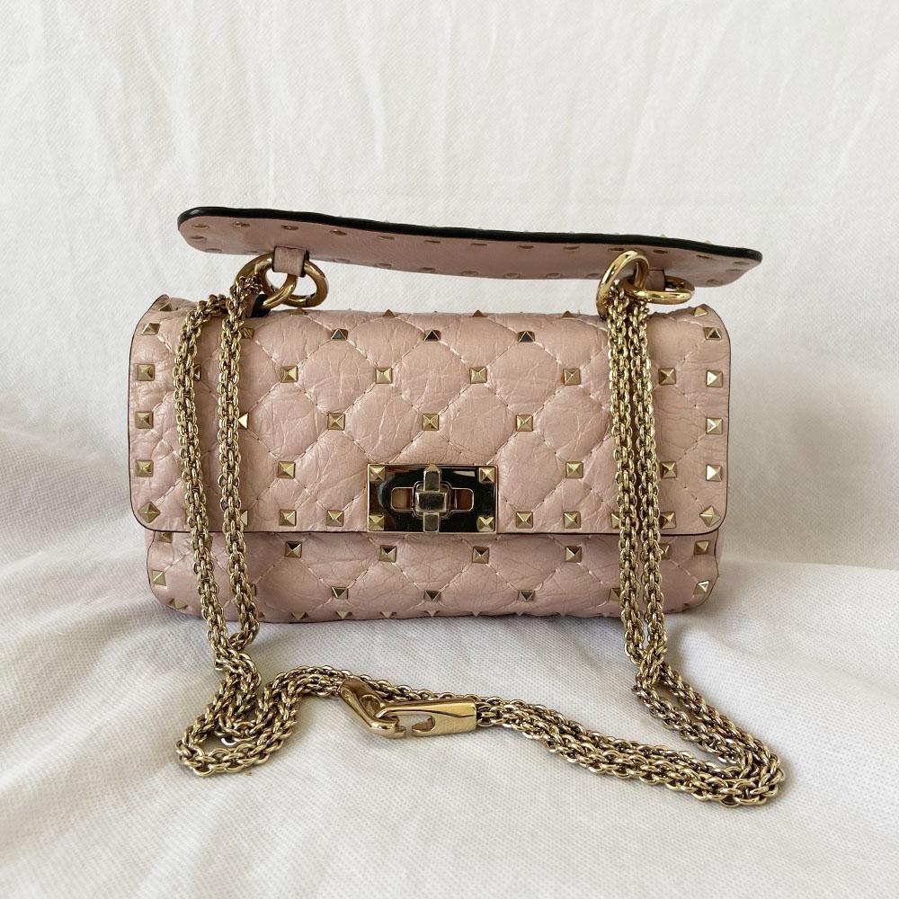 Valentino Old Rose Leather Small Rockstud Spike Top Handle Bag - BOPF | Business of Preloved Fashion