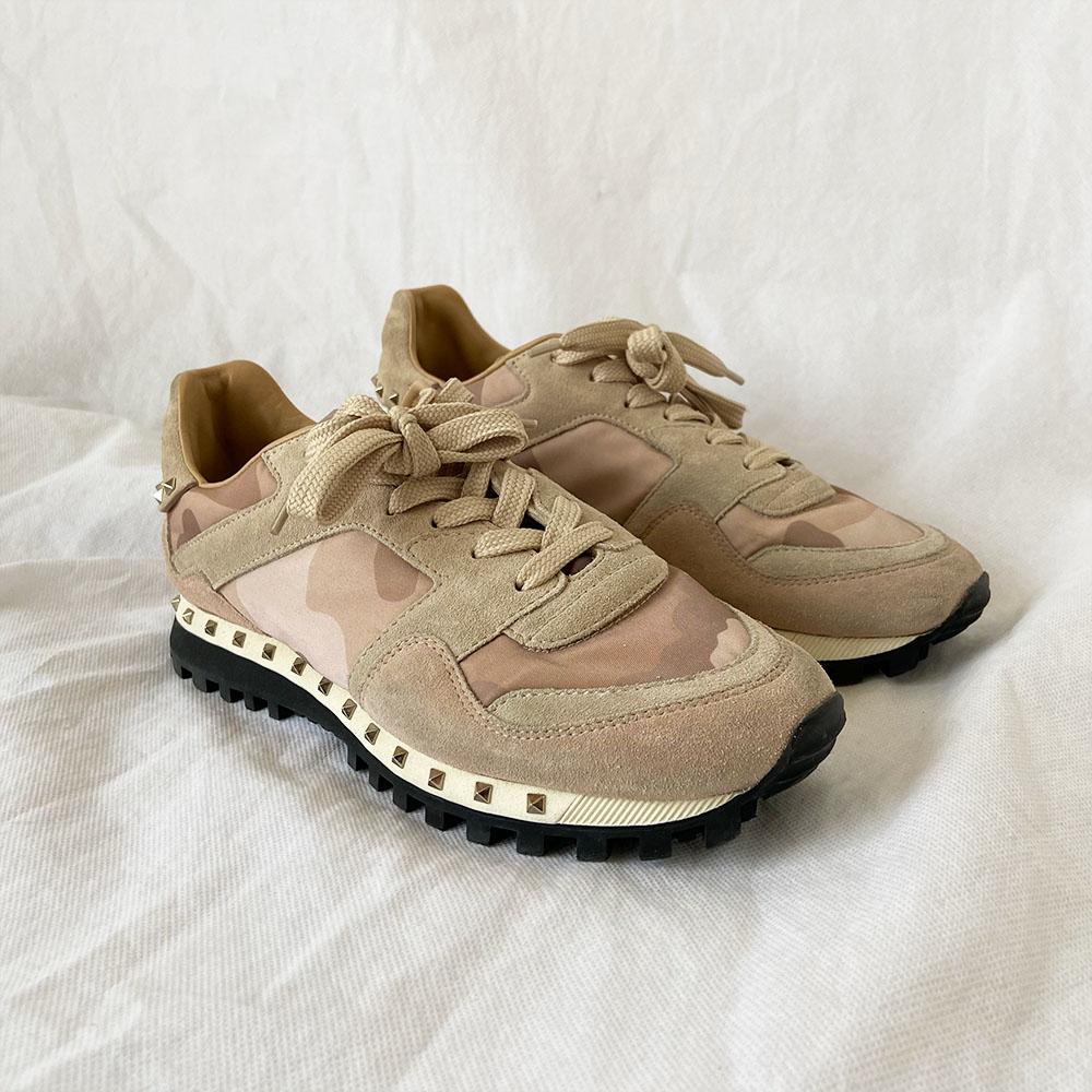 Valentino Pink Blush Rockstud Camo Nylon Suede Trainer Sneakers, 38.5 - BOPF | Business of Preloved Fashion