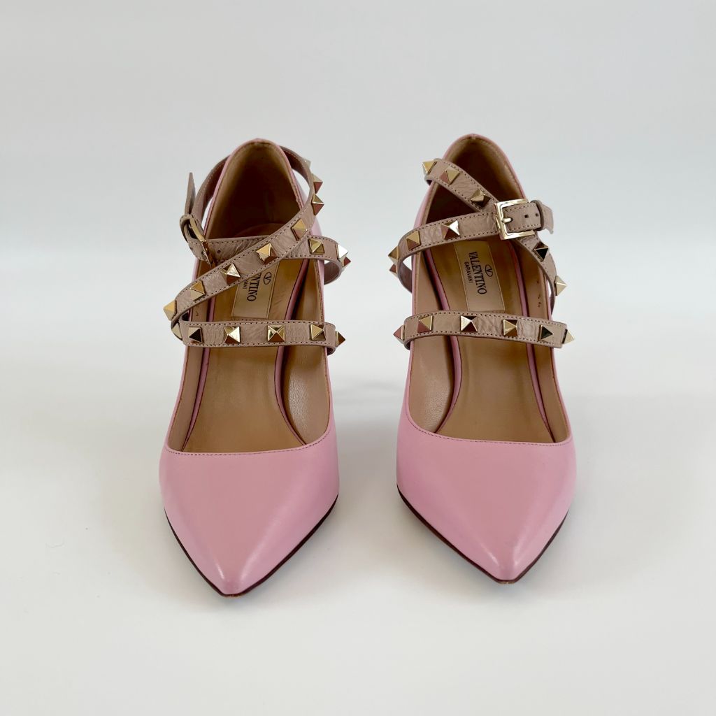 Valentino Pink Leather Rock-stud Ankle-Wrap Pumps, 36 - BOPF | Business of Preloved Fashion