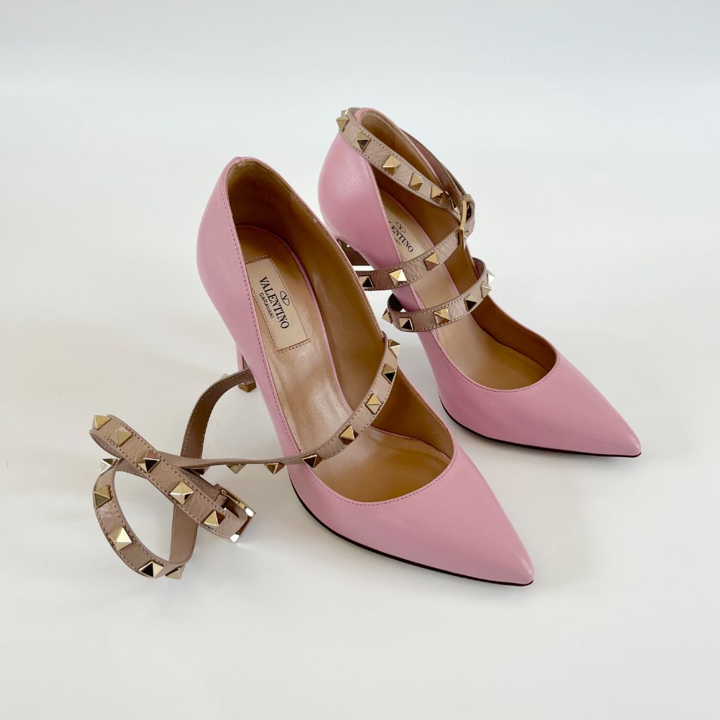 Valentino Pink Leather Rock-stud Ankle-Wrap Pumps, 36 - BOPF | Business of Preloved Fashion