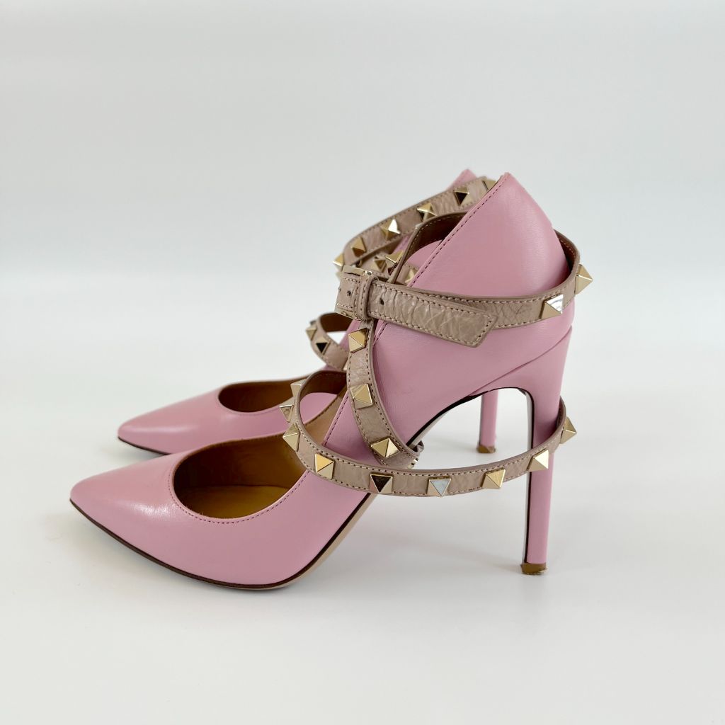 Valentino Pink Leather Rock-stud Ankle-Wrap Pumps, 36 - BOPF | Business of Preloved Fashion