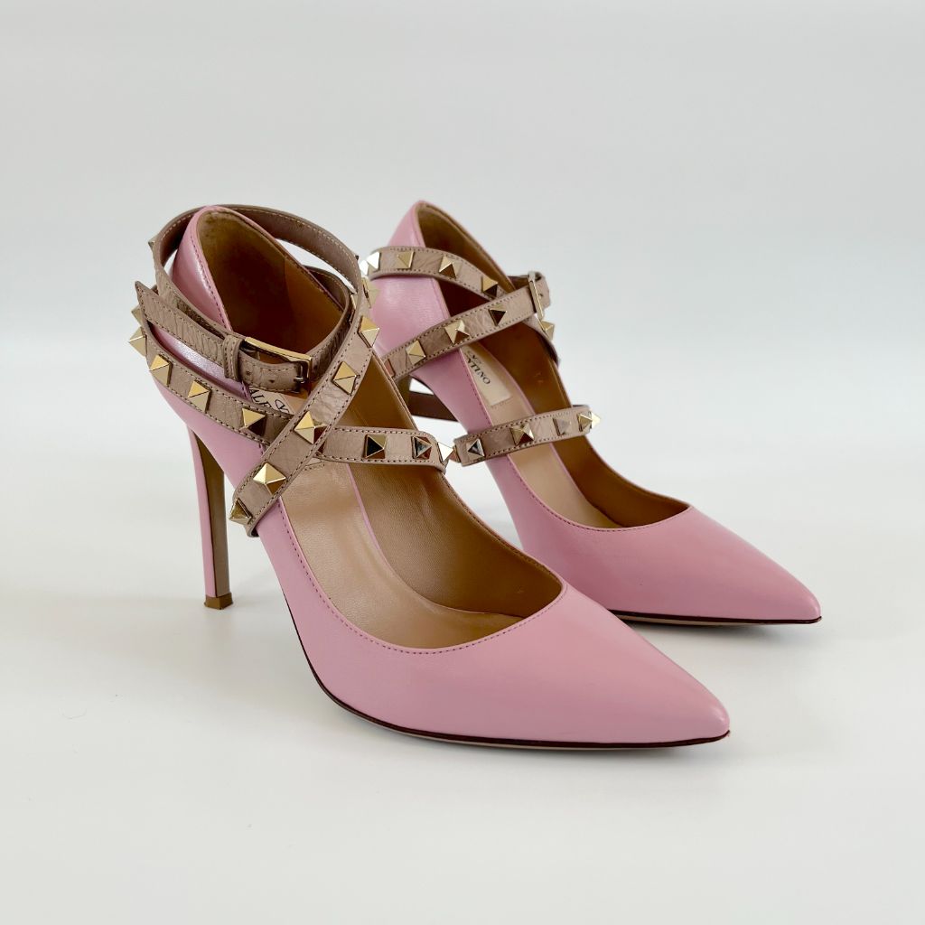 Valentino Pink Leather Rock-stud Ankle-Wrap Pumps, 36 - BOPF | Business of Preloved Fashion