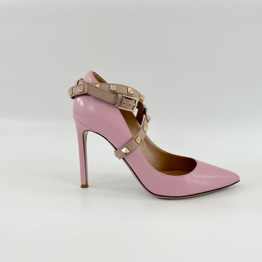 Valentino Pink Leather Rock-stud Ankle-Wrap Pumps, 36 - BOPF | Business of Preloved Fashion
