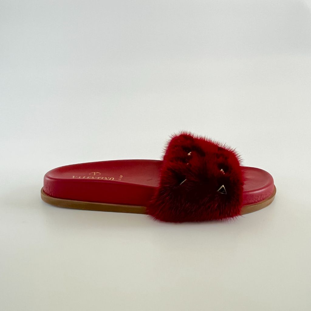 Valentino Red Mink Fur Rock-stud Flat Slides, 38 - BOPF | Business of Preloved Fashion